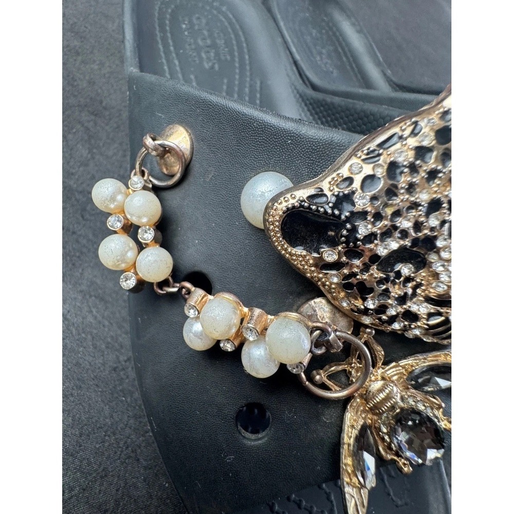 Crocs Classic Slides Black Custom Jeweled Charms Leopard Bee Pearls Sandals 8 - Picture 2 of 12